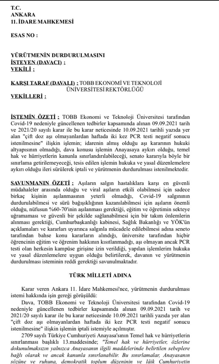 idariyargikarar's tweet photo. TOBB Üniversitesince alınan “çift doz aşı olmayanlardan haftada 2 kez PCR testi negatif sonucu istenilmesine” ilişkin kararın iptali istemiyle açılan davada Ankara 11. İdare Mahkemesince yürütmenin durdurulması kararı verilmiştir. https://t.co/hIjIj09gnb