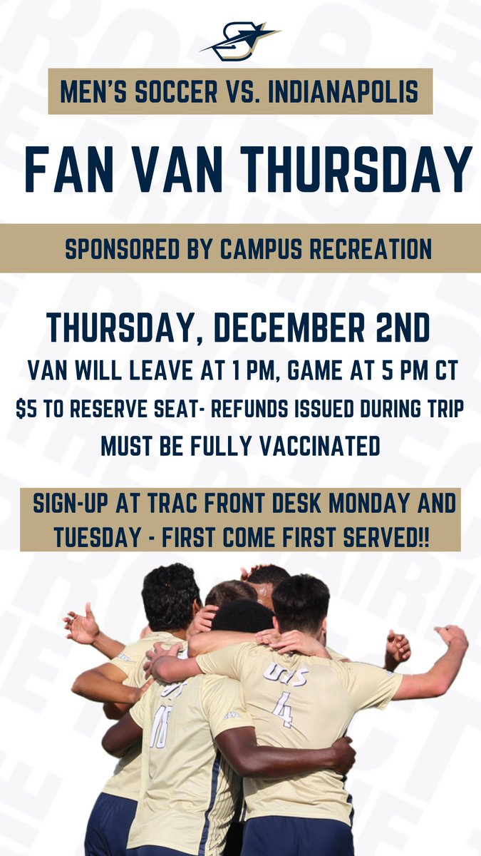 As of right now..5 SPOTS REMAIN FOR THE <a href="/UISMSoccer/">UIS Men's Soccer</a> FAN VAN!

Sign-up at TRAC front desk.  Game is on Thursday - Full details below.

🚐 Sponsored by @UISCampusRec 

#WeAreStars | #ProtectThePrairie