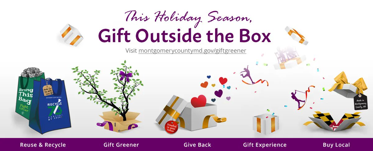 MontgomeryCoMD's tweet photo. 🎁 @MyGreenMC challenges you to reduce waste by thinking differently about how you shop for and give gifts this holiday season. We encourage you to #GiftOutsidetheBox! ➡️ https://t.co/BXNakpGrPN https://t.co/acuYaY5UrS