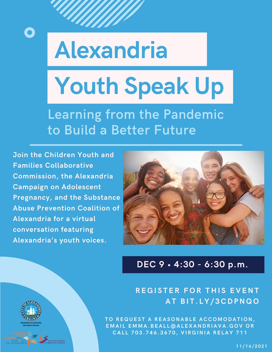 ACAP_VA's tweet photo. Join us on December 9 from 4:30 – 6:30 p.m. for a virtual conversation featuring Alexandria’s youth voices. Hear directly from a panel of teens as they highlight what they need from adults to navigate life after the pandemic. Learn more and register at https://t.co/52qDX3QQPn https://t.co/GV7t1pv0K0