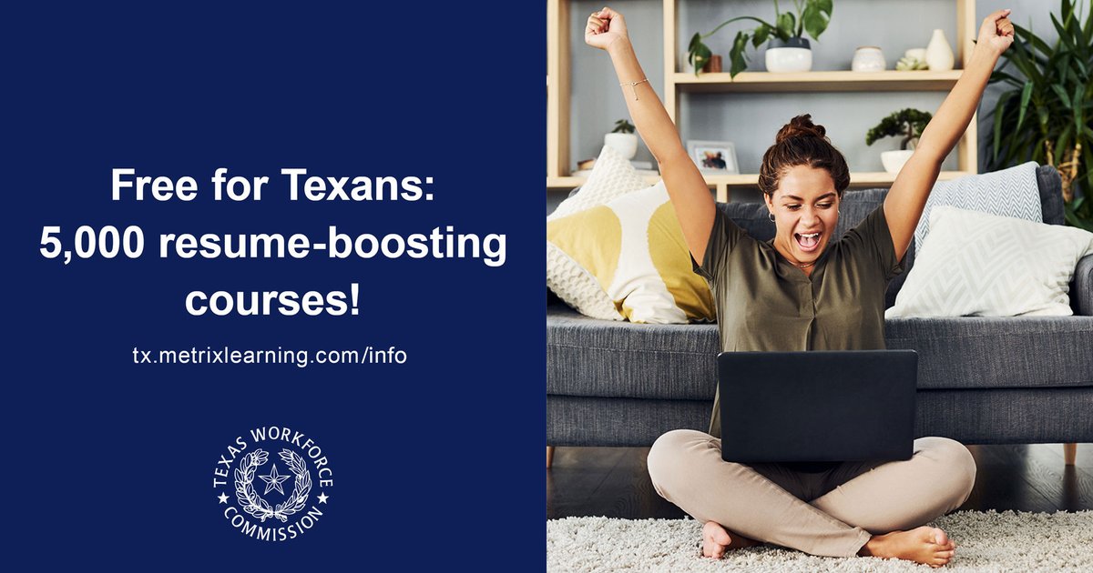 TXWorkforce's tweet photo. Congratulations to the Texans who have completed these FREE courses:
►Discovering Your Strengths
►Active Listening
►Business Etiquette
►Grammar 101
►5,000+ classes 

[Free online courses]→ https://t.co/Dg8f5J86qx

#MetrixLearning #onlinecourses #onlinelearning #freetraining https://t.co/grzWF35Az9