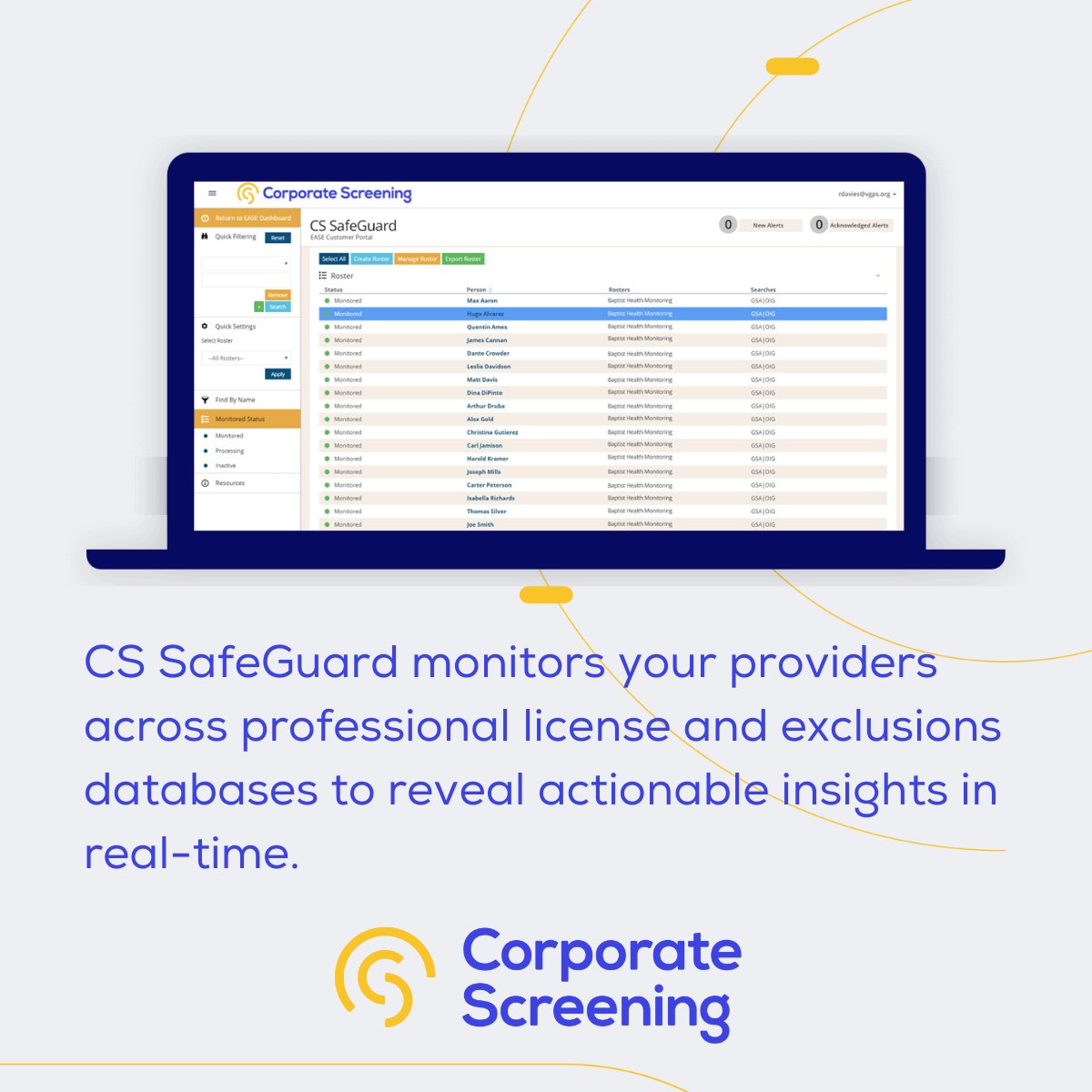 corporatescreen's tweet image. Workforce #LicenseMonitoring and #ExclusionMonitoring are essential in achieving a high level of patient safety. Learn about CS SafeGuard, a first of-its-kind true #ContinuousCompliance solution. #BackgroundScreening #RedefiningValue hubs.ly/H0-yj7G0