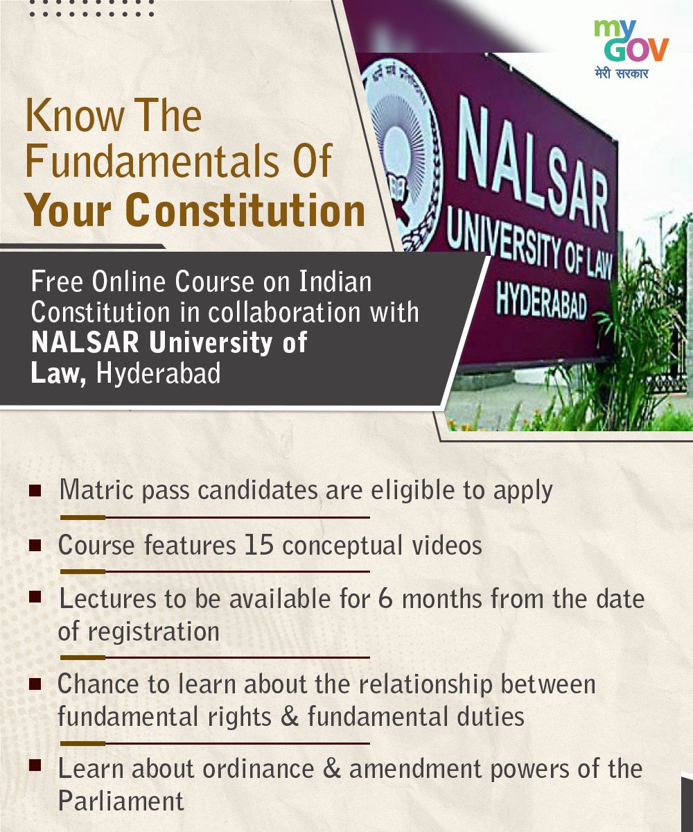 mygovindia's tweet image. The government launched an online course on the Indian constitution in collaboration with NALSAR University of Law, Hyderabad. Know more: legalaffairs.nalsar.ac.in