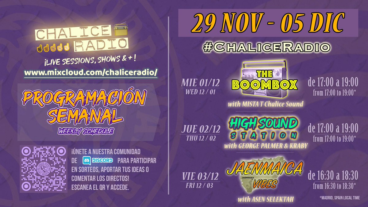 ChaliceSound's tweet photo. #ChaliceRadio
#weekly #semanalmente
29 NOV - 05 DIC
πππππππ
https://t.co/cFR0Ogy6MW
#TheBoombox #MistaT
#HighSoundStation #GeorgePalmer
#Jaenmaica #Vibes LS #AsenSelektah
.
.
#ChaliceSound #mixcloud #live #radio #mixcloudlive #livestream #madrid #livestreaming #streaming https://t.co/tLzsp1U3A8