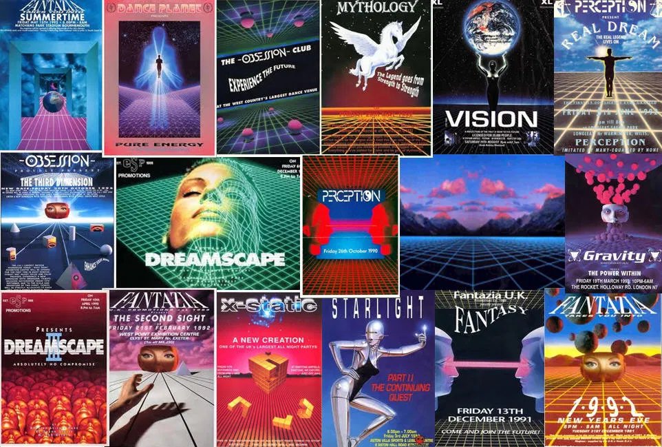 VectorMeldrew's tweet photo. 90's rave flyers are some of my biggest inspiration sources. Love the mix of sci-fi, fantasy and futurism. Each one hints at a story / world with an optimistic feel. https://t.co/8BvC4CS5Cl