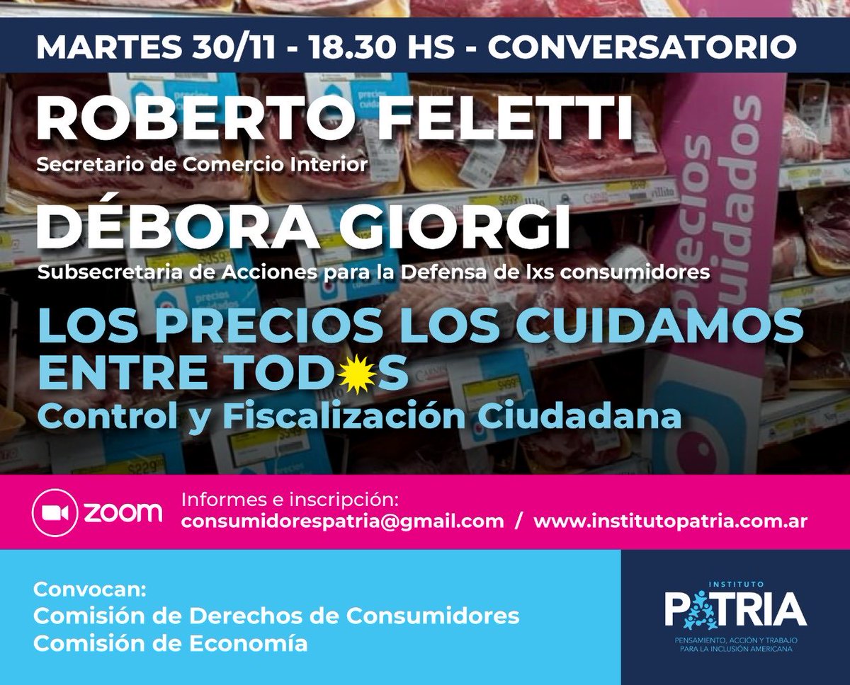 Hoy junto a ⁦<a href="/RobertoFeletti/">Roberto Feletti</a>⁩ participaremos del conversatorio virtual sobre fiscalización ciudadana, organizado por el <a href="/inst_PATRIAar/">Instituto PATRIA</a>.

Abordaremos la importancia de que todos y todas asumamos el monitoreo de +Precios Cuidados para asegurar su cumplimiento en todo el país.