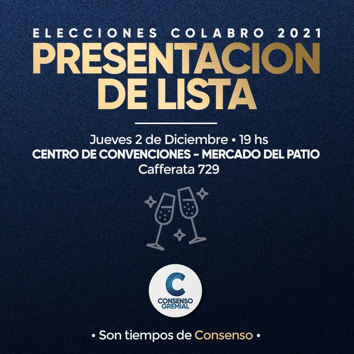 AbCambiemosRos's tweet photo. Este Jueves 02/12 a partir de las 19hs te esperamos para brindar con nosotros y presentarte esta nueva alternativa de gestión para nuestro colegio 📄🥂
📍 Mercado del patio, Cafferata 729
.
.
#consensogremial #tiemposdeconsenso #tiemposdegestion #elecciones2021 #colabro #brindis https://t.co/IKBRIZV45l