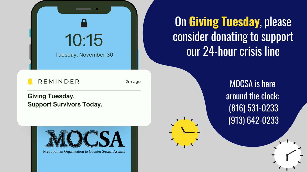 MOCSAkc's tweet photo. Trauma doesn't care what time it is. And neither do we. Please consider a donation to MOCSA on Giving Tuesday or anytime before the end of the year to help us continue supporting survivors around the clock. #GivingTuesday #StandwithMOCSA https://t.co/pbrR5PeVNj