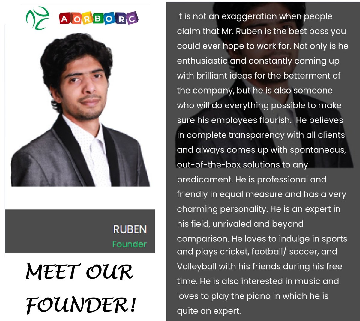 AorborcTech's tweet photo. Meet the Founder of AorBorC - Mr. Ruben Kannan
.
.
.
#AorBorC #zohopartners #Zoho #freshdesk #Kissflow #Odoo #softwaredevelopment #softwareservices #mobileappdevelopment #zohodev #twitterfamily #twitterpost #twittercommunity #clientservices https://t.co/EWZfWIO7Ht