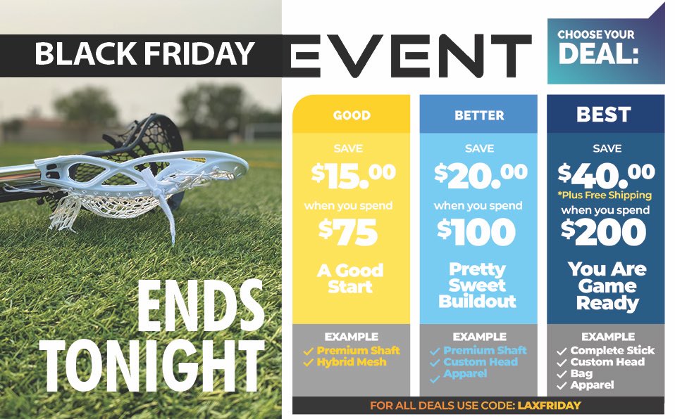 Tribe7Lax's tweet photo. Last Day for LAX FRIDAY Deals: up to $40 Off + Free Shipping 🕑
Choose the deal on Lacrosse gear that is right for you.  Use code LAXFRIDAY for all deals through 11/30
#Cybermonday #blackfriday #jointhetribe #lacrosse #lax #T7NA
 
#tribe7lax #pll #lacrosselife #lacrossehead #bfcm https://t.co/rN1OQbCYaj