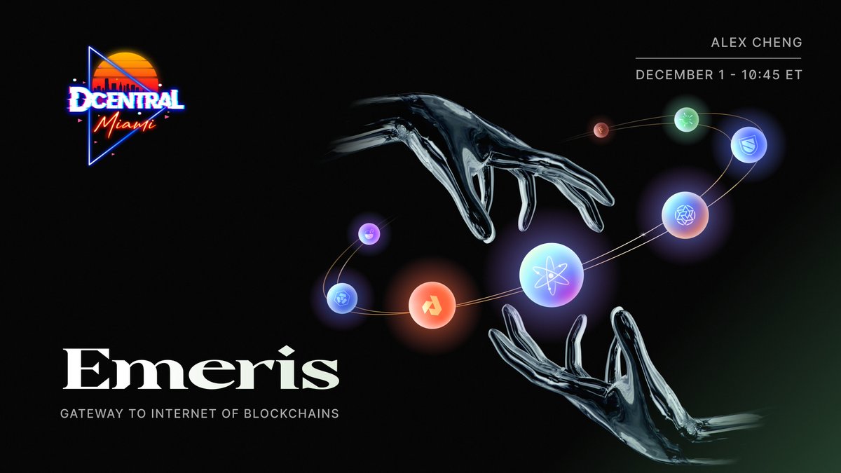 📢Emeris is taking the Stage at @DCentralCon!

🏖️If you are in Miami for one of the most awaited #DeFi events of the year, don't miss tomorrow's session with our Product Manager, <a href="/AlexKuanCheng/">Alex Cheng</a>!

⏰10:45
[Emeris: Gateway to the Internet of Blockchains]
🏄🏻dcentralcon.com/agenda