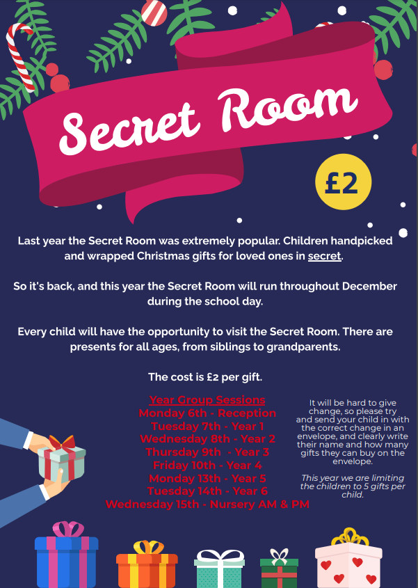 GaspaOrgUk's tweet photo. It's that time of year again!! The Secret Room will be open from Mon 6 - Weds 15 Dec so Grand Ave pupils can handpick gifts for their nearest and dearest, without them knowing.  What a GREAT idea!  Details on the image.  

There is a 5gift limit and each gift costs £2. https://t.co/nRKQQcKFYi