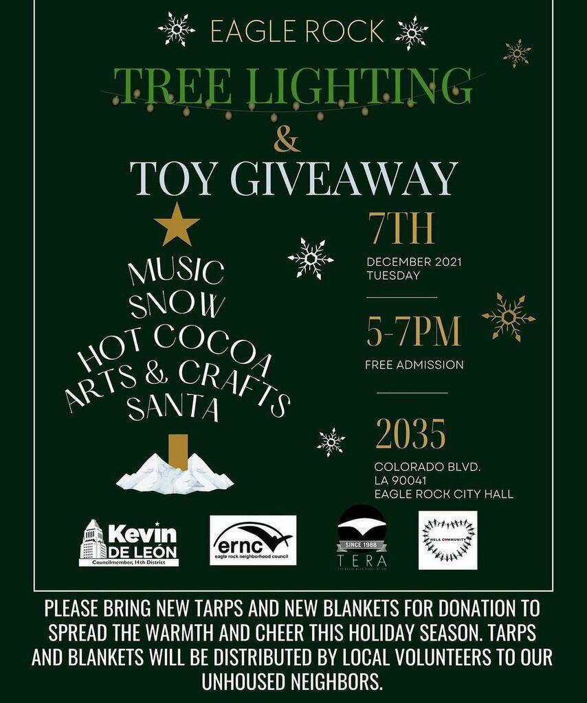 TERA90041's tweet photo. Join @Kdeleoncd14 for an Eagle Rock Tree Lighting and Toy Giveaway on Tuesday, December 7th from 5PM-7PM! Kick off the month of December with a festive, joyful, night with a snow pit, hot cocoa, toy giveaway + MORE! Address: 2035 Colorado Blvd. Los Angeles 90041 https://t.co/UDUVSl18Ch