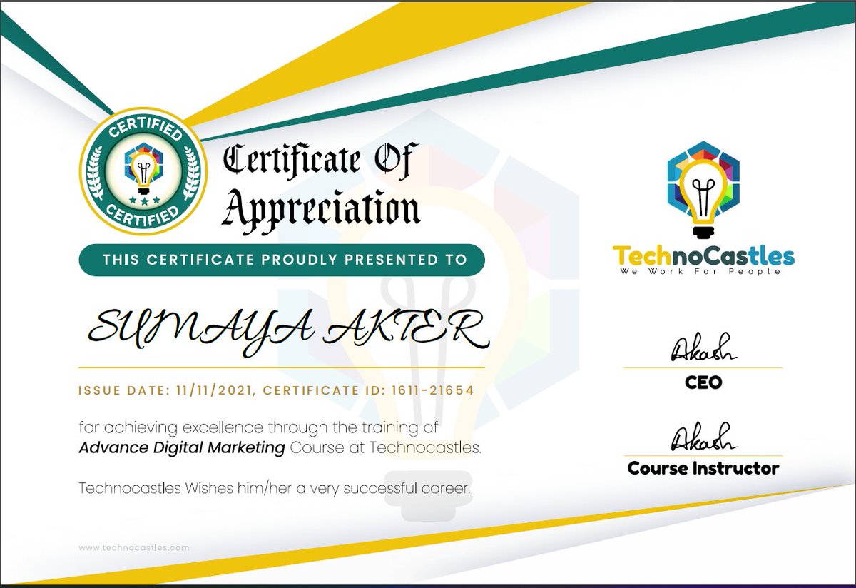 Hi. There, I am Sumaya Akter, Professional digital marketing and SEO expert, Certified as a skilled digital marketer by technocastles. Thank you so much, my honorable mentor and trainer Akash Ghosh sir.
#digitalmarketer #digitalmarketingexpert #seoexpert #serviceprovider