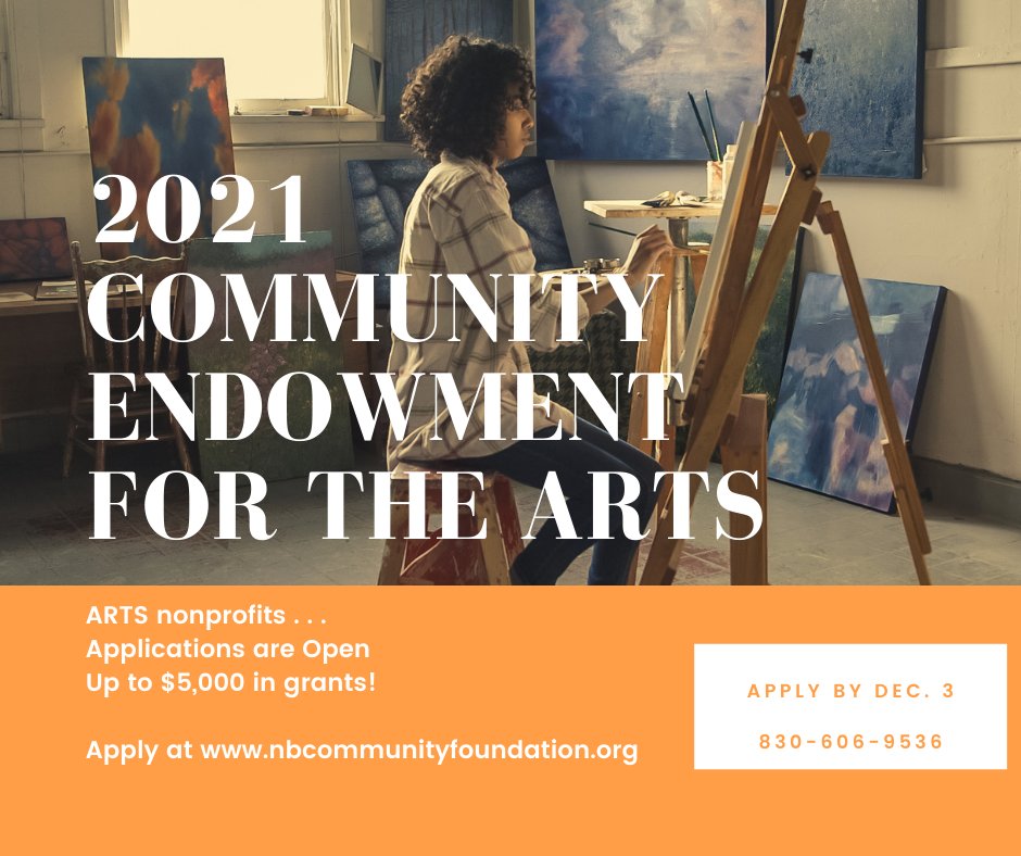 NBCommunityFoun's tweet photo. Arts Nonprofits - Apply for arts grants by Dec. 3!
Open to nonprofits  that are grounded in the visual, creative or performing arts in New Braunfels and Comal County 
https://t.co/YbYF93qhzE https://t.co/Cn4Sjdrgco