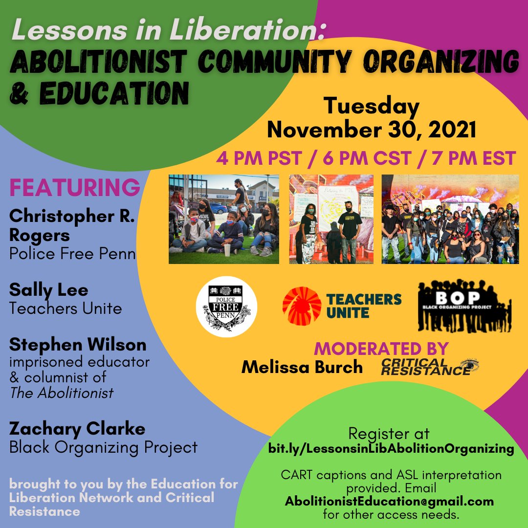 C_Resistance's tweet photo. TODAY! Join us for our final #LessonsInLiberation webinar w/ @ed4liberation celebrating our new #AbolitionistEducatorsToolkit
https://t.co/D8T5ql2Tq3
#AbolitionNow #AbolitionistEducation #Education4Abolition #AbolishCriminalization #YouthOrganizing #CommunityOrganizing https://t.co/YQXCC6AKvW
