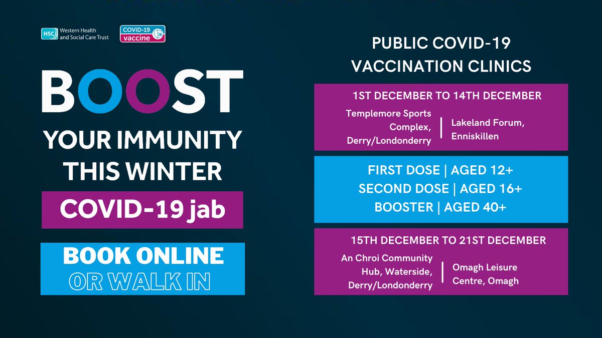 COVID-19 VACCINE CENTRES REOPEN

1st Dose | 2nd Dose | Booster | Pfizer | Booked | Walk In

🗓1st-14th Dec
📍Templemore Sports Complex
📍Lakeland Forum

🗓️15th–21st Dec
📍An Chroi Community Hub
📍Omagh Leisure Centre

For opening times and to book online: bit.ly/WTCOVID19Vacci…