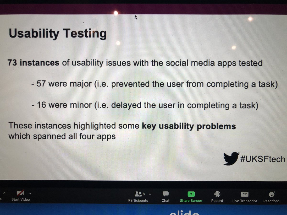 MadelineCruice's tweet photo. @abracabadger has shared how usability testing reveals more than 70 issues that are problematic for #stroke survivors in using social media. These issues are inherent in tech. Being aware of these issues can guide decision making. #UKSF21 #UKSFtech https://t.co/N3e0CYvpJp
