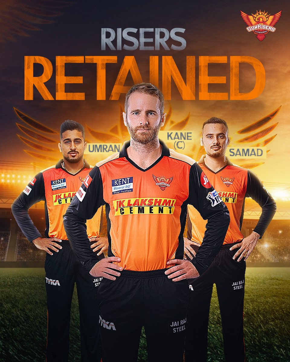 SunRisers's tweet photo. Presenting the 2️⃣ #Risers along with Captain Kane who will continue to don the #SRH colours in #IPL2022 🧡 

We enter the auction with a purse of INR 68 crores. 

#OrangeArmy https://t.co/2WwRZMUelO