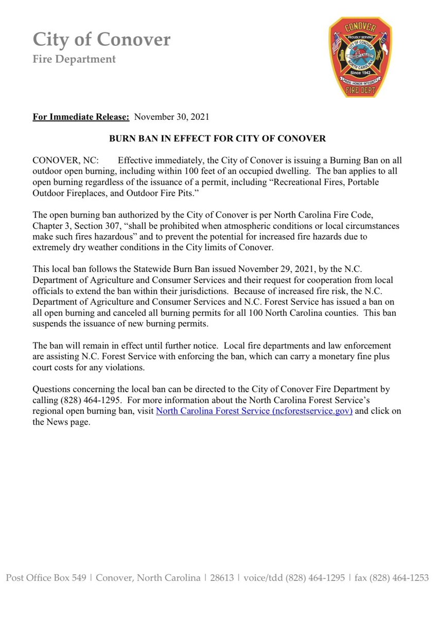 *BURN BAN IN EFFECT FOR CITY OF CONOVER* 

Effective immediately &amp; until further notice, <a href="/ConoverNC/">City of Conover, NC</a> has issued a Burning Ban on all outside open-burning, including within 100’ of occupied dwellings, as well as recreational fires, portable outdoor fireplaces, and outdoor fire pits