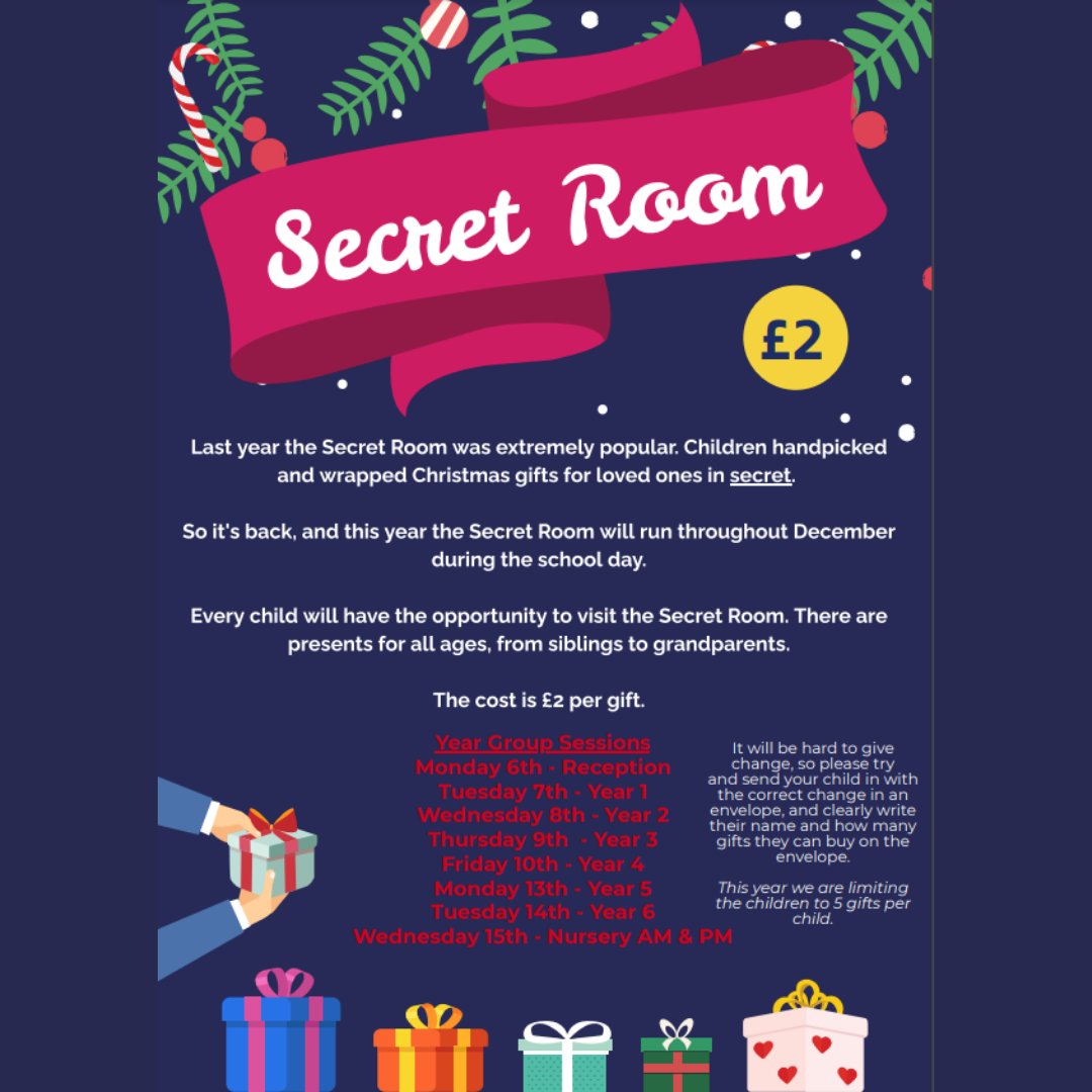 GaspaOrgUk's tweet photo. It's that time of year again!! The Secret Room will be open from Mon 6 - Weds 15 Dec so Grand Ave pupils can handpick gifts for their nearest and dearest, without them knowing.  What a GREAT idea!  Details on the image.  

There is a 5gift limit and each gift costs £2. https://t.co/XsvjLXTXFM