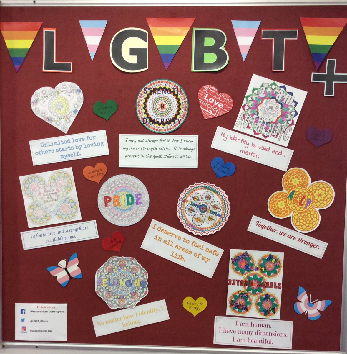 LGBT_BSixth's tweet photo. Sharing the love and positive messages on our notice board @BlackpoolSixth @BSFC6Xtra @LGBTOutnAbout #LGBT #PositiveVibes https://t.co/6znEePmn6h