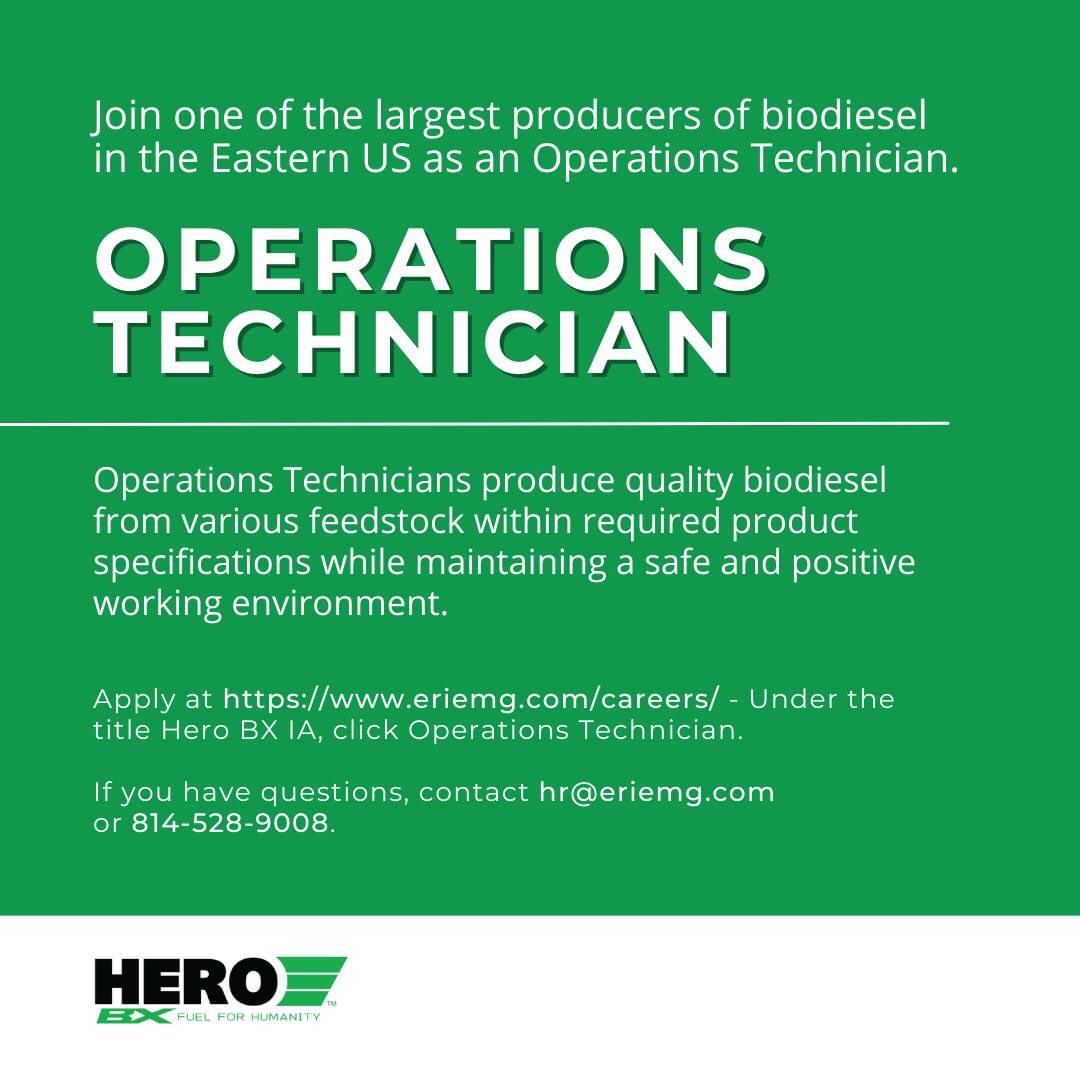 An exciting new opportunity as an Operations Technician in Clinton, Iowa!

LEARN MORE &amp; APPLY at: eriemg.com/careers/ (Under the title Hero BX IA, click Operations Technician)

#HEROBX #jobs #careers