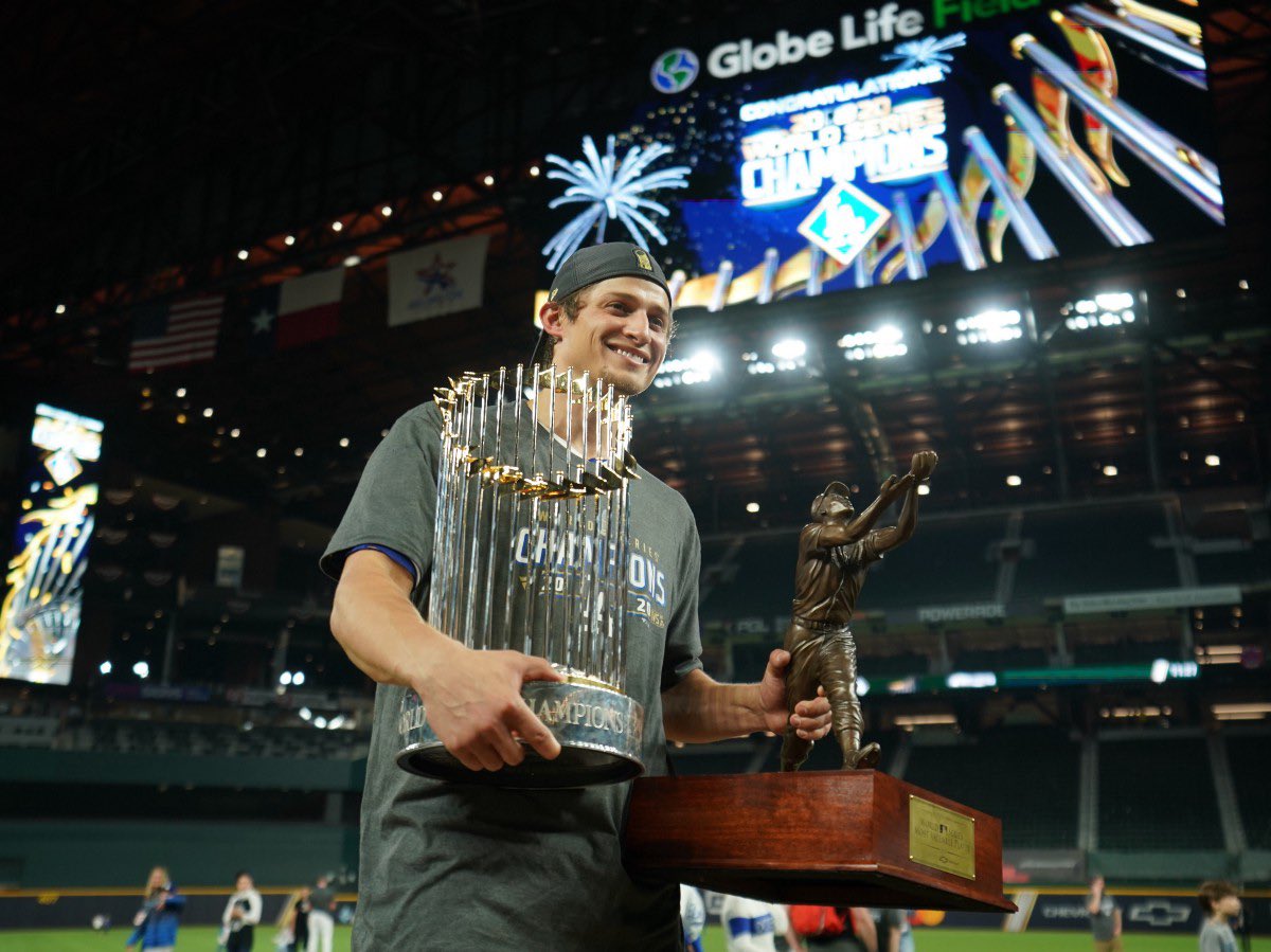 DodgersNation's tweet photo. Corey Seager Appreciation Tweet: 

👏 NL Rookie of the Year (2016)
👏 2× All-Star (2016, 2017)
👏 2× Silver Slugger Award ('16, '17) 
👏 NLCS MVP (2020)
👏 World Series MVP (2020)
👏 World Series champion (2020)

Thanks for everything Seags. Good luck in Texas. #Dodgers https://t.co/BBlY7GFA0J