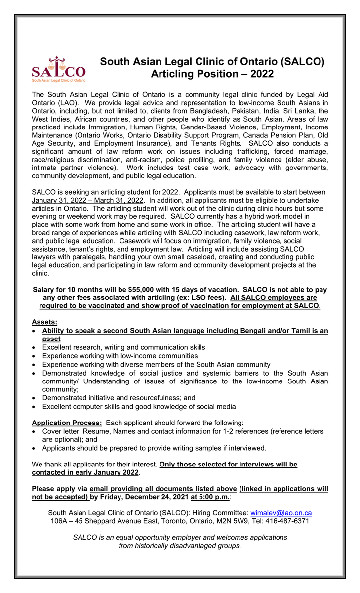 We're looking for another member to join our team! We're hiring an articling student! 

Applications are due Dec. 24, 2021 at 5:00 pm. Details, including how to apply are below (and will be posted to our website shortly!):