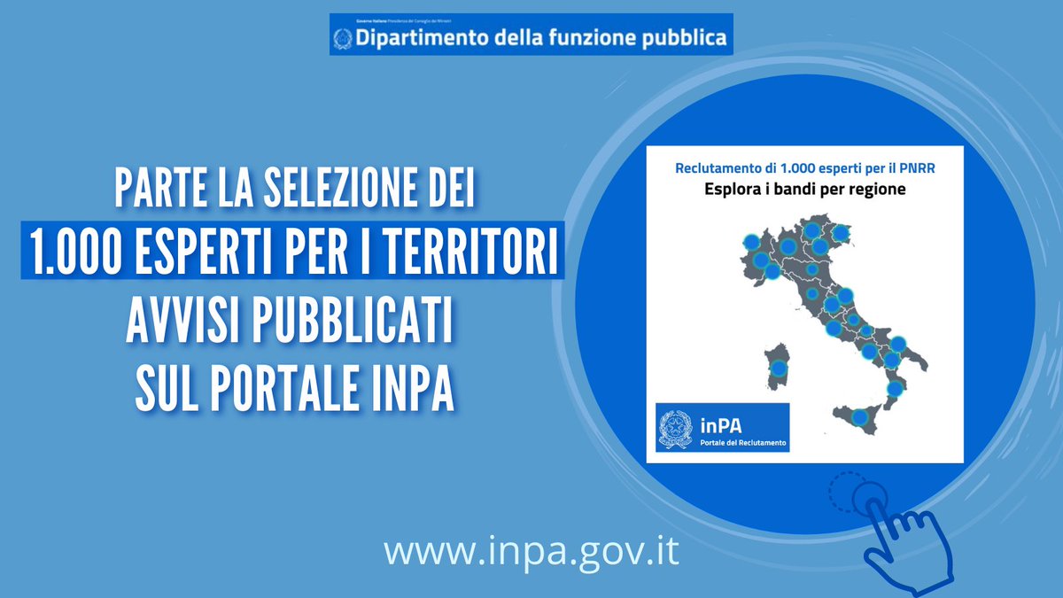 🔵Parte la selezione dei 1.000 esperti per i territori, avvisi pubblicati sul portale #inPA.
<a href="/renatobrunetta/">Renato Brunetta</a> 

LEGGI LA NEWS 👇
funzionepubblica.gov.it/articolo/minis…