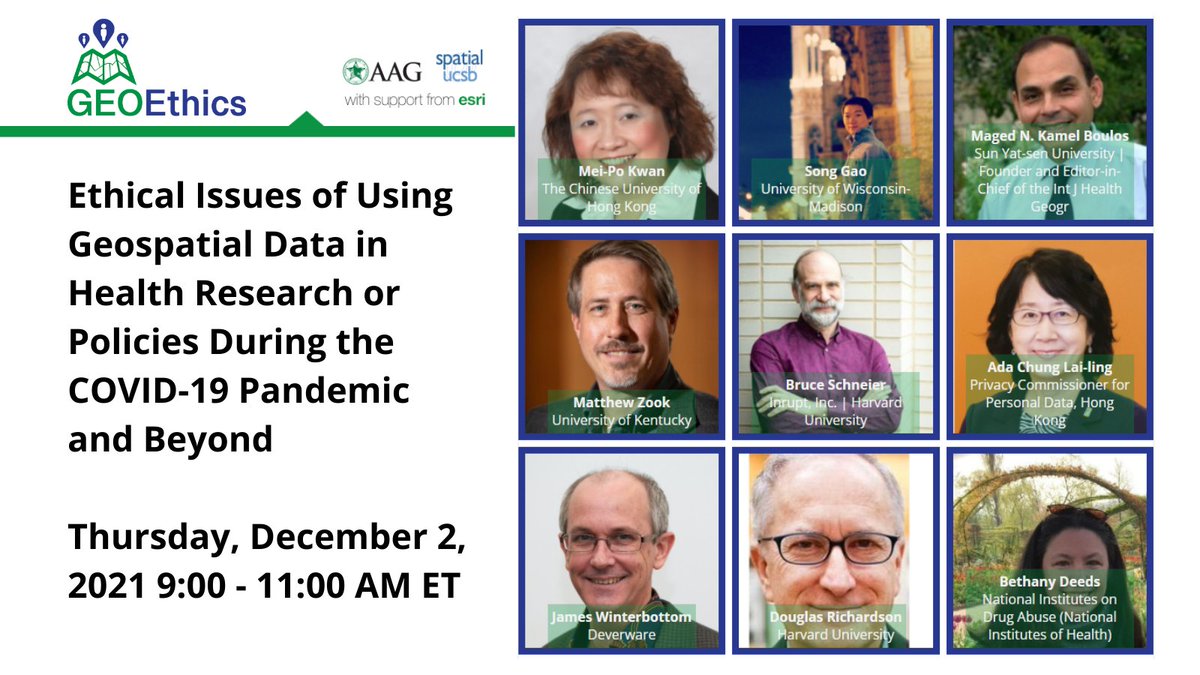 Reminder: Thu Dec 2 9:00 AM EST: Ethical Issues of #Geospatial #Data in #Health #Research/Policies in #COVID19 &amp; Beyond. Chaired by <a href="/meipokwan/">Mei-Po Kwan</a> &amp; organized w/<a href="/CUHKofficial/">The Chinese University of Hong Kong - CUHK</a> Inst of Space &amp; Earth Information Science #GeoEthics w/ @spatialucsb <a href="/Esri/">Esri</a>. Register: bit.ly/3kCZQin