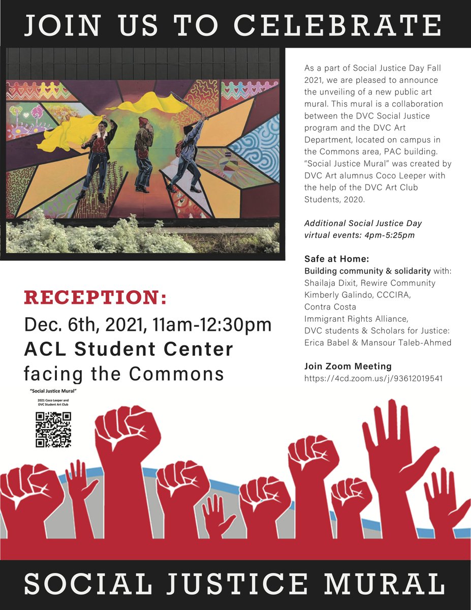 dvcartgallery's tweet photo. new public art mural on campus, a collaboration between the DVC Social Justice program and the DVC Art Department. Reception: 6/6/21 11am-12:30pm
ACL Student Center facing the Commons.
To learn more about the Mural go to:
https://t.co/PkAV1uFCme https://t.co/adOW4nuFCL