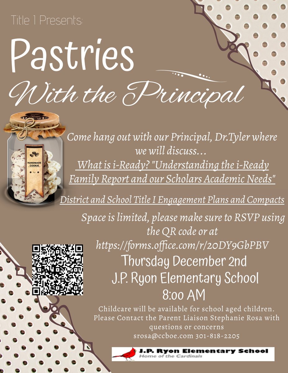 JPRyonPTO's tweet photo. Come hang out with our Principal, Dr. Tyler, where we will discuss...
What is i-Ready? "Understanding the i-Ready Family Report and our Scholars Academic Needs"
And More! 
RSVP At-
 https://t.co/SaNjY2NQac
Thursday December 2, 2021
 J.P. Ryon Elementary School
8:oo AM- 9:00 AM https://t.co/hAYTvKmwkA