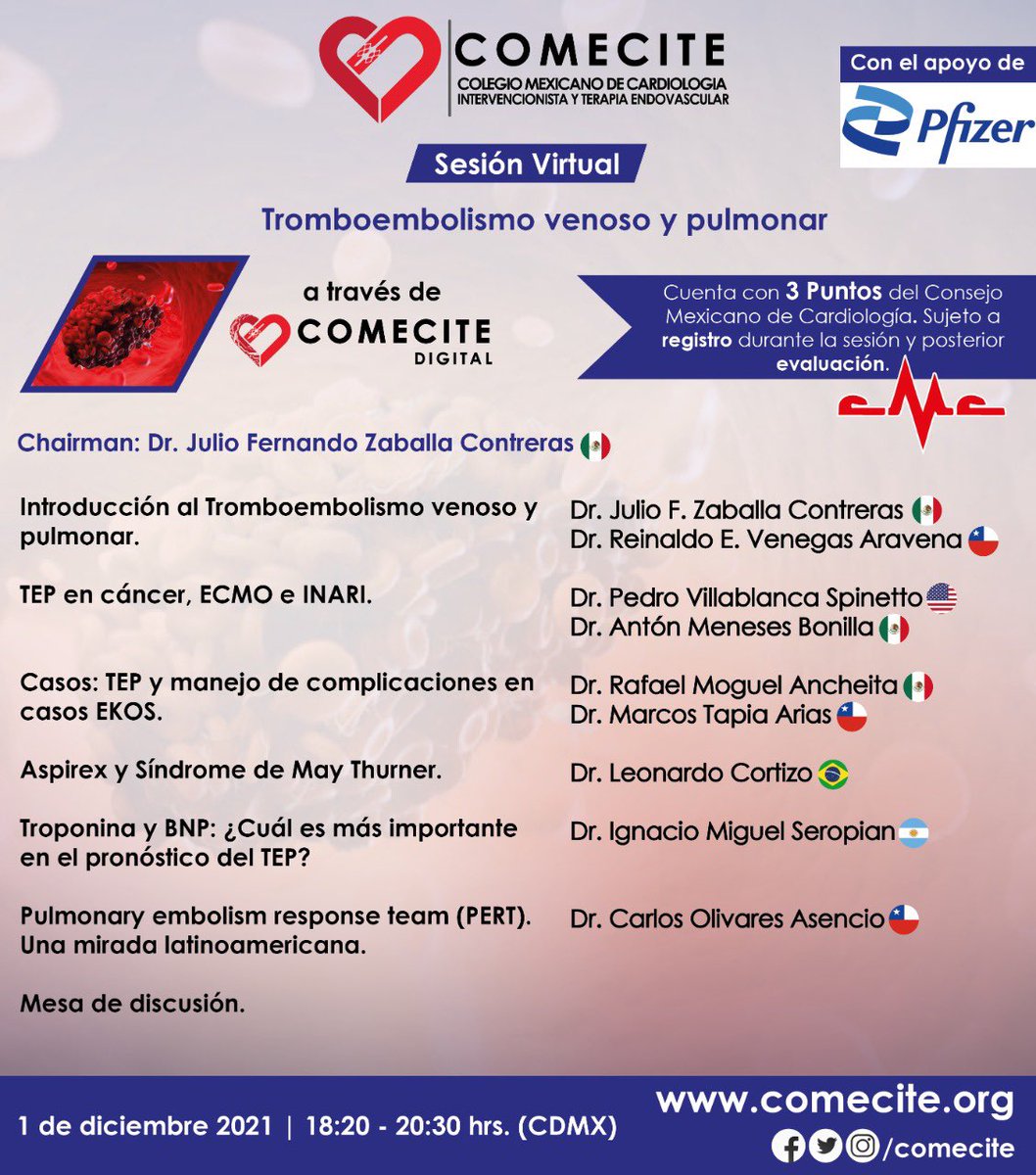comecite's tweet photo. Te invitamos a participar en nuestra última sesión virtual sobre Tromboembolismo venoso y pulmonar,
Es totalmente gratuita y otorga 3 Puntos del CMC.
🗓Miércoles 1 de Diciembre 18:20 horas
👉🏼https://t.co/1RxLLBPAMQ
#COMECITE https://t.co/F1MeZ0Hkc5