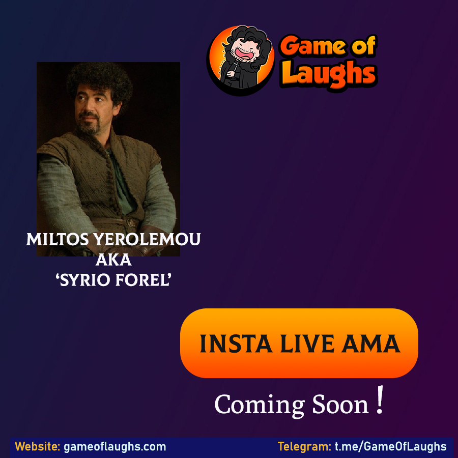 GameOfLaughs's tweet photo. Greetings lovely people of $GOL community. Our Raven brings you AMAzing news !!!
🤗We bring you Insta live #AMA with ⚔️ First Sword of Braavos Syrio Forel AKA @miltosyerolemou from @GameOfThrones

Stay tuned for deets 🔔 https://t.co/d0FMjviVQO