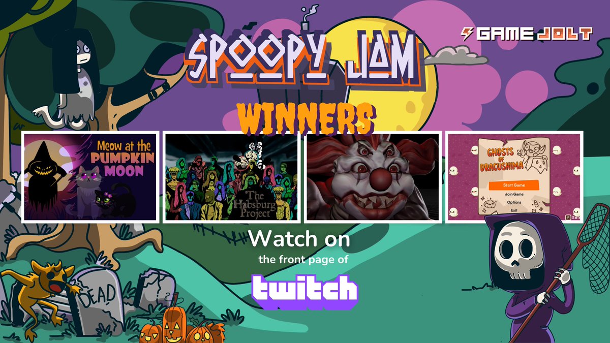 gamejolt's tweet photo. Spooky season is extended!🎃Join @DeejayKnight  today on the front page of #Twitch for the Spoopy Jam winners’ games!

⏰ 9 AM PT: grab some snacks and keep the lights on.👀 It’s about to get spoopy! 👻🕷️
https://t.co/Kn645FPiIH

#gamejam #spoopyjam #gamedev #indiedev https://t.co/MRyPbxSfyt