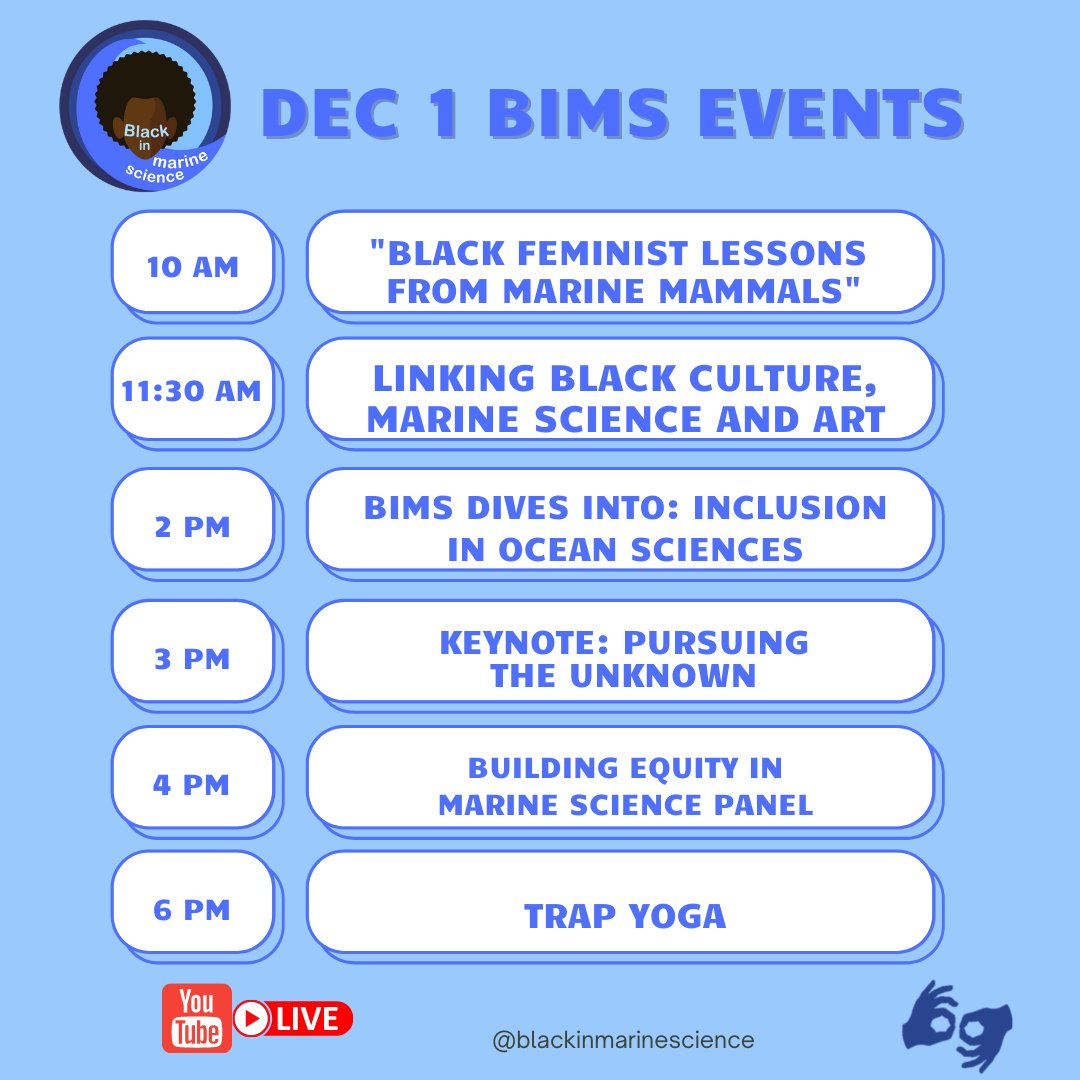 BlackinMarSci's tweet photo. Good morning #BIMS! Welcome to Day 4! Today is #RealTalkWednesday. Follow along #BlackinMarineScience to learn more about inclusion, building equity, pursuing the unknown and more! Again all our events have ASL accessibility with @VidmanBarber #BIMSWeek https://t.co/L0Gil7lLko