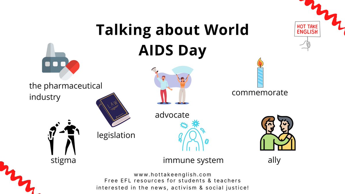 Today is World AIDS day.
How can we (whether students or teachers of English) talk about this day without perpetuating harmful myths &amp; stereotypes?
Here are a few words to get you started!
#worldaidsday #englishforactivists #englishvocabulary  #englishwords #tefl #englishlesson