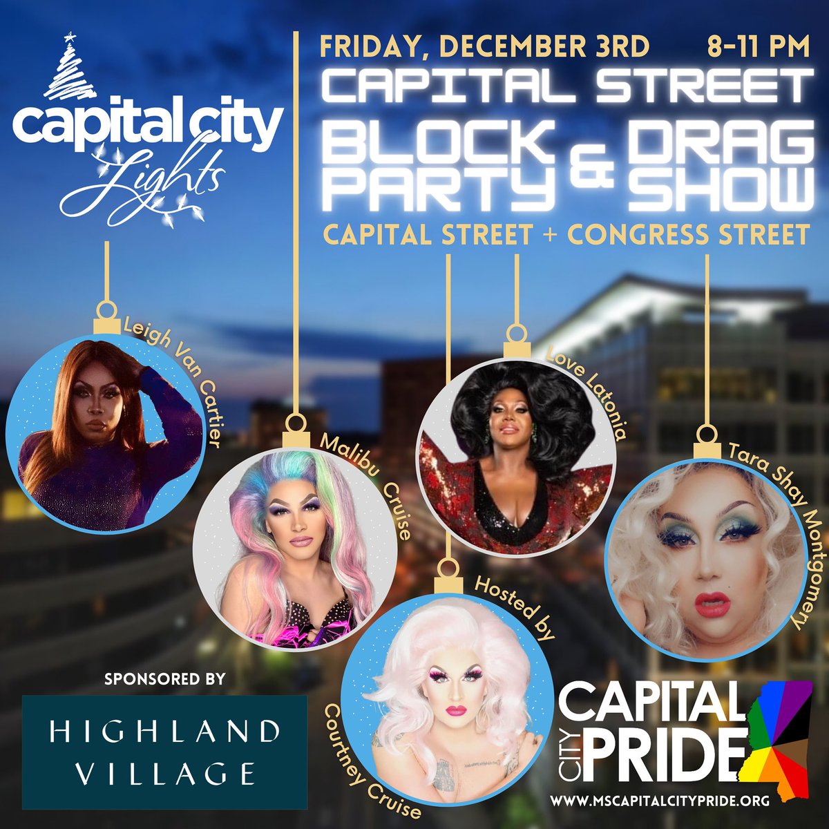 MSCapitalPride's tweet photo. We invite you to attend the Capital City Lights Block Party &amp; Drag Show hosted by @CourtneyCruise7 this Friday December 3rd at 8PM! Drag shows starts at 9PM! Come join us for this fabulous free event! 

#mississippi #capitalcitylights #jacksonms #jxnms #msccp #downtown #lgbtq https://t.co/1bXfCBNs9a