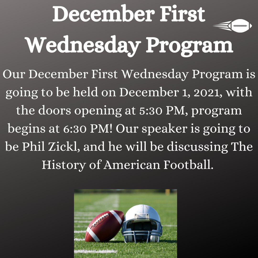 SPMofWNY's tweet photo. Please join us tomorrow night for our December First Wednesday Program. Doors open at 5:30 PM, the program begins at 6:30 PM. Our speaker will be Phil Zickl, who will be discussing The History of American Football. https://t.co/yNpEmSZEkM