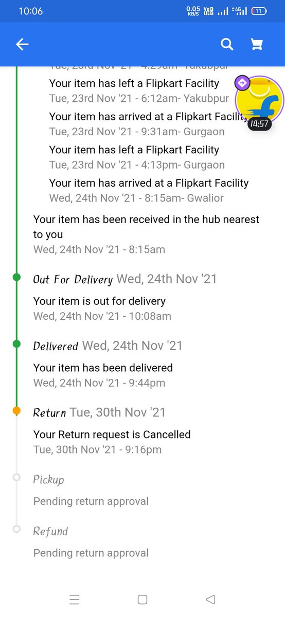 harshatks's tweet photo. return request is cancelled in my system but customer care service system says it's still under process. And it says tomorrow is last date of return policy. I'm trying to return since 22/11. Very unacceptable behaviour from @Flipkart @flipkartsupport #crashkart #cheatkart https://t.co/vQPnSUxt83