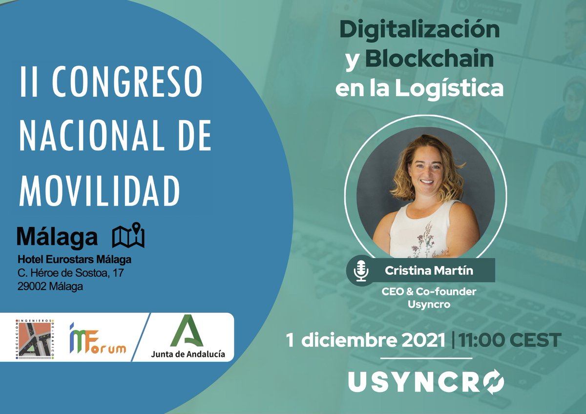 usyncro's tweet photo. Usyncro estará en el II Congreso Nacional de Movilidad organizado por #AITTM y #MForum con el apoyo de la @andaluciajunta. Nuestra CEO @cristi3 participará en este evento de referencia del #transporte y #movilidad para aportar su visión desde el #sectorlogístico. https://t.co/B2ilEjHlzN