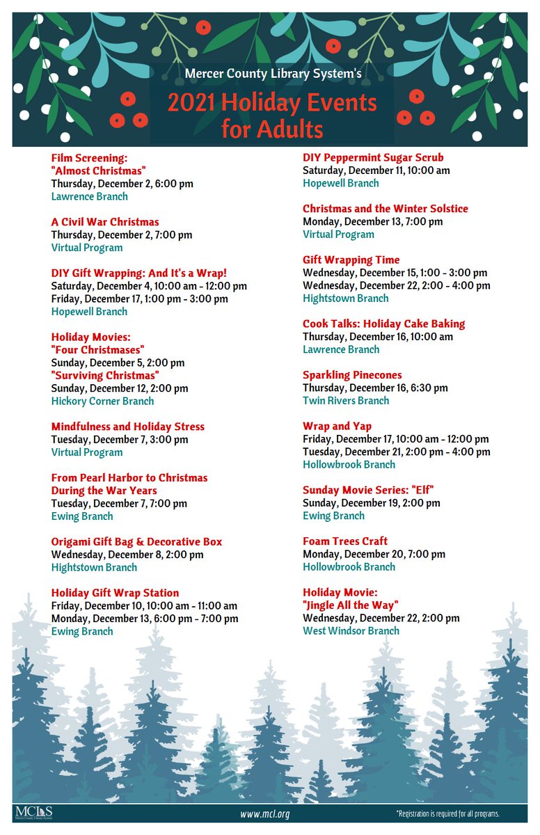 mclsnj's tweet photo. MCLS is bringing you lots of great programs this holiday season! Join us for some of these wonderful events for kids, teens and adults!
To register for an event, visit: https://t.co/YB5eypEfQp
#njlibraries #mercercountynj #libraryprograms #ilovelibrariesnj #thingstodonj https://t.co/eYebgBcfo5