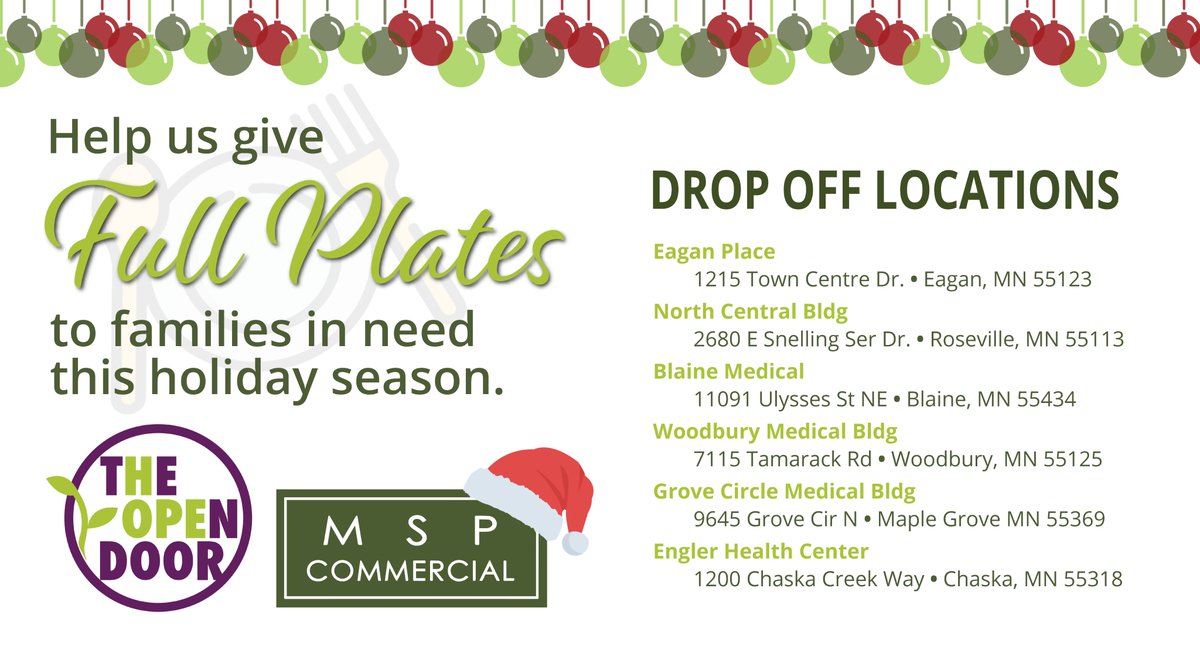 MSPCommercial's tweet photo. We've partnered with @opendoormn to provide full plates this holiday season to local communities! Drop off goods at one of our 6 buildings across the metro, or donate online now! https://t.co/zjav4ofZCP
#FullPlates #EndHungerTogether #GiveBack https://t.co/wiCyio26g3