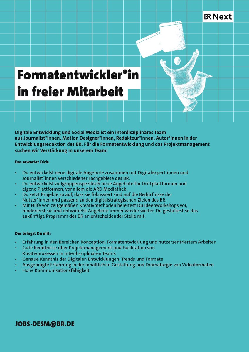 salvanize's tweet photo. Wir suchen für unser famoses Formatentwicklungsteam bei @br_next Verstärkung! 🚀🤗
Meldet euch gerne bei Fragen und bewerbt euch!
👉 https://t.co/Poga4ouA9m
#journojobs #formatentwicklung https://t.co/WsgwJYq6mc