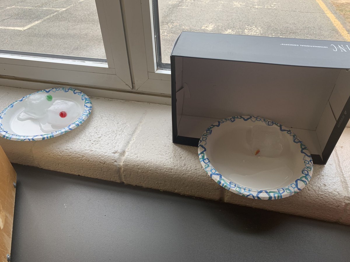 Our class proved that ice melts quicker when exposed to direct sunlight than when the sunlight is blocked by the box. We are scientists❤️