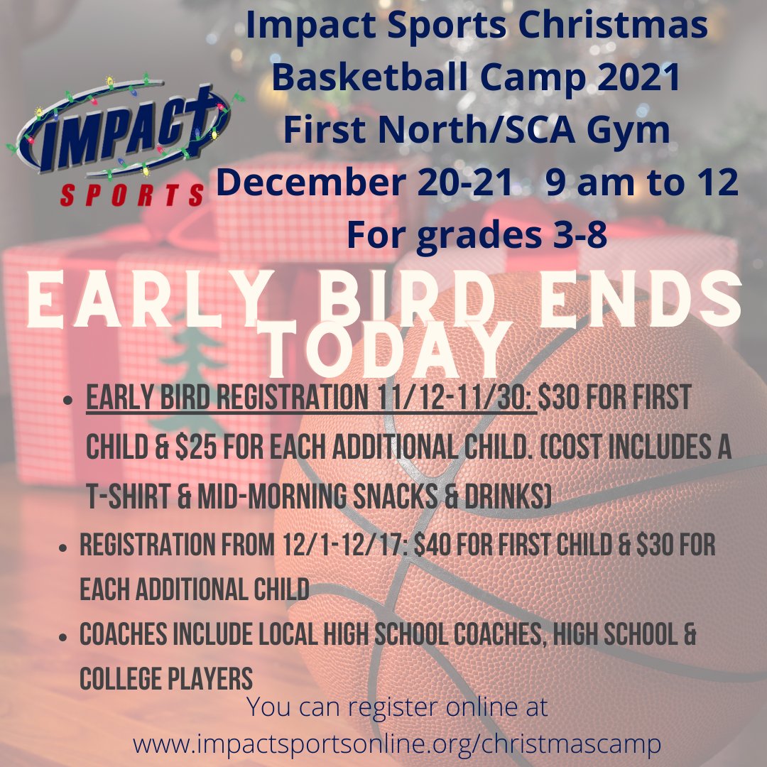 ImpactSportsInt's tweet photo. Christmas Camp Early Bird registration ends today! Register your 3rd - 8th grader today at https://t.co/6ZnueoIbK2 https://t.co/OfxobJMa8L