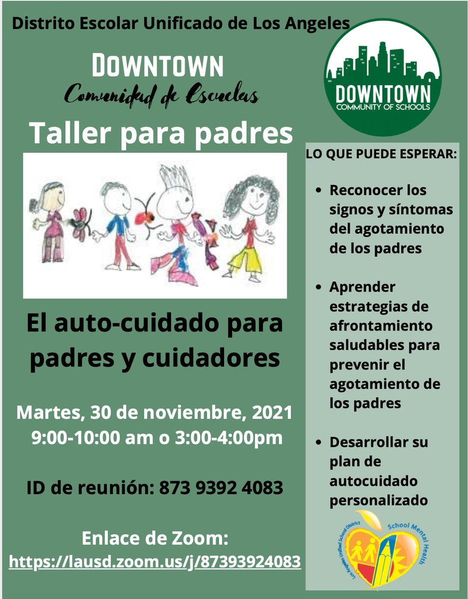 DtownCos's tweet photo. Join us for our virtual workshop “Self-Care for Parents and Caregivers” at 9 a.m. and 5 p.m. on Nov. 30.  Please click on the link to join the meeting: https://t.co/8ZhkRzFFyr https://t.co/wlbigHTYX4