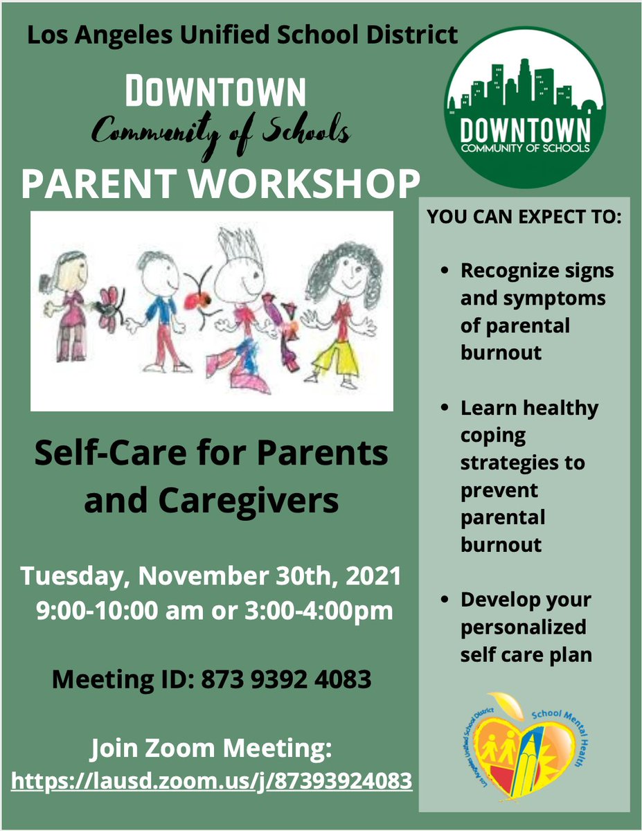 DtownCos's tweet photo. Join us for our virtual workshop “Self-Care for Parents and Caregivers” at 9 a.m. and 5 p.m. on Nov. 30.  Please click on the link to join the meeting: https://t.co/8ZhkRzFFyr https://t.co/wlbigHTYX4