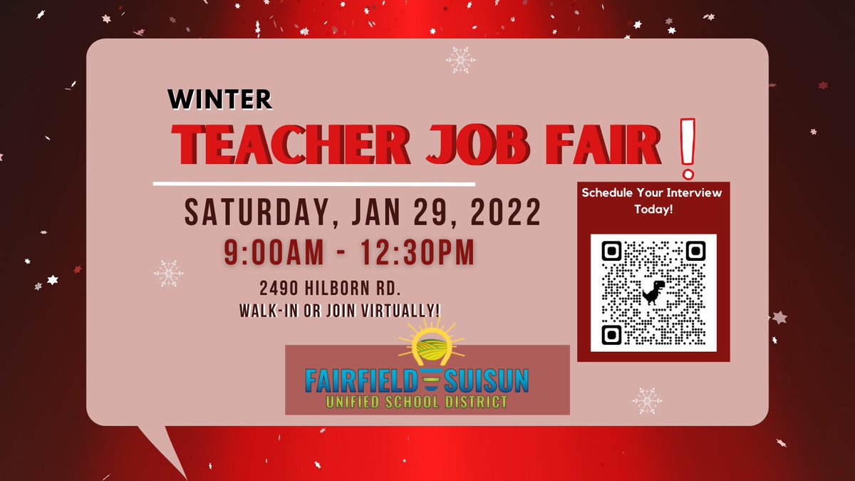 ⁦<a href="/FairfieldSuisun/">Fairfield-Suisun USD</a>⁩ ⁦<a href="/FSUSDHR/">FSUSD HR</a>⁩ we are hiring teachers and RNs for the 2022-23 school year! Join our team and inspire a dream!
